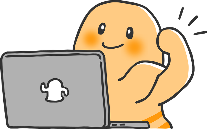 ノートパソコンを持って力こぶを見せるはにわまん