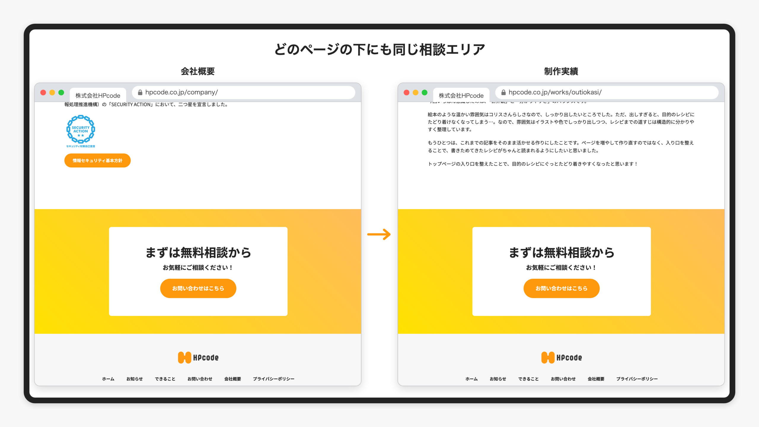 会社概要と制作実績の2つのページの下に、同じ相談エリアが表示されている様子を並べた画像