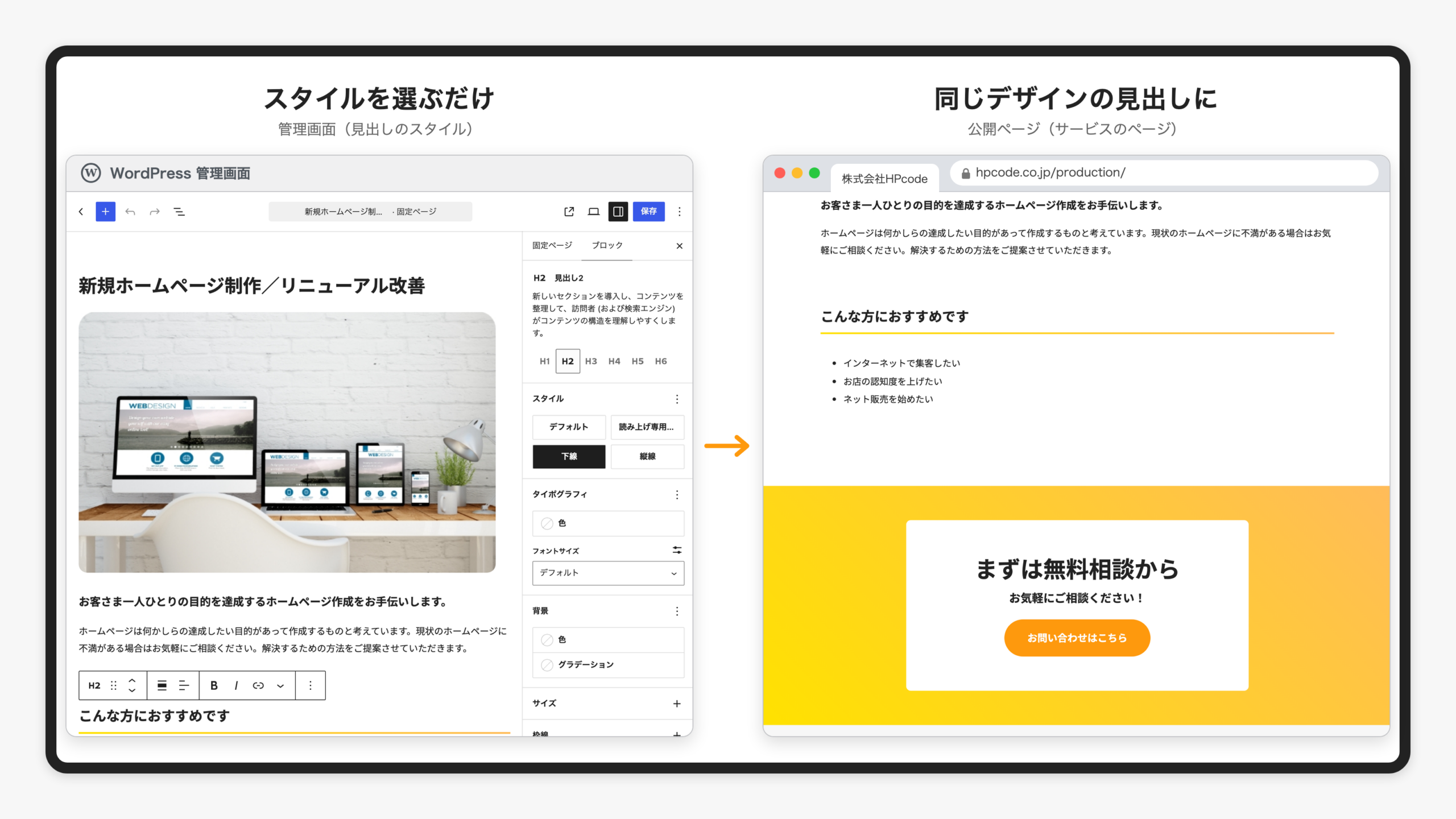 見出しブロックの設定でスタイル「下線」を選んでいる画面と、公開ページの下線つきの見出しを並べた画像